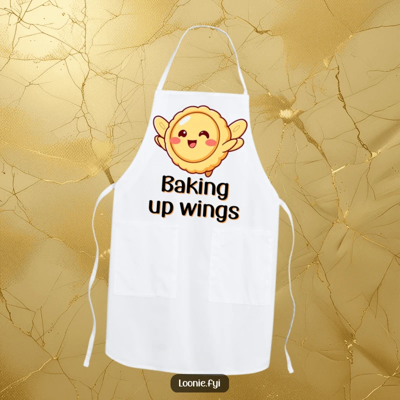 Funny butter tart character with cookie wings, attempting flight while baking, a humorous apron for kitchen adventures.