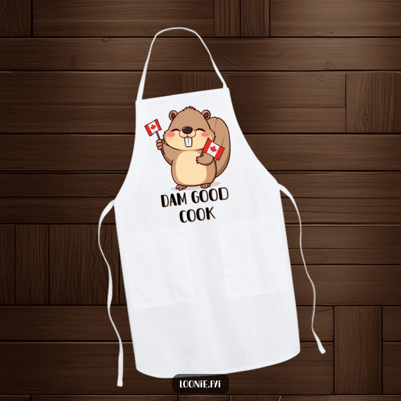 Funny Beaver Apron: A winking beaver wearing a chef hat and waving a Canadian flag, ready to add humor to meal prep.