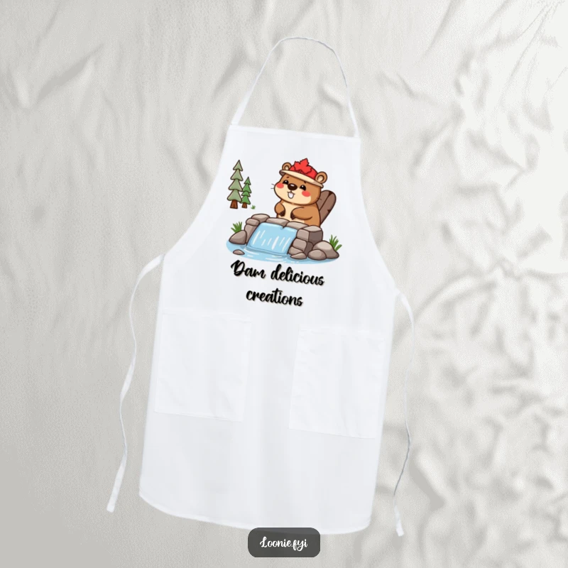 Funny Apron: A happy beaver wearing a maple leaf hat is focused on building a small dam in the kitchen.