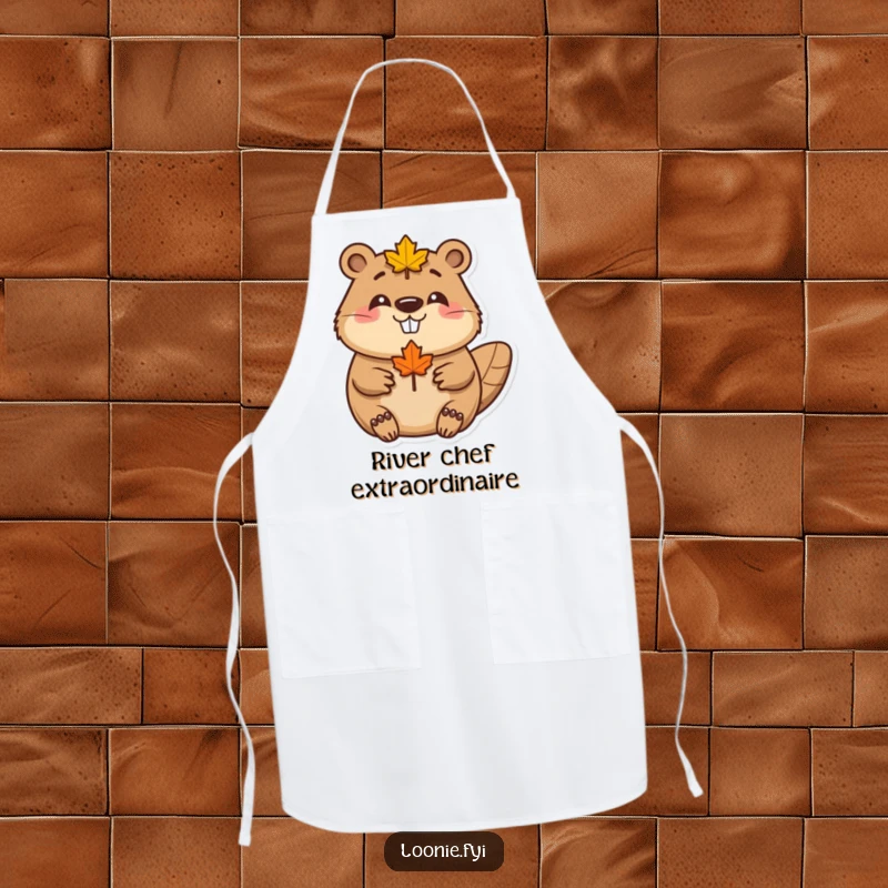 Funny Beaver Maple Leaf Apron: A happy beaver wearing a maple leaf smiles, bringing Canadian joy to cooking, a practical funny gift.