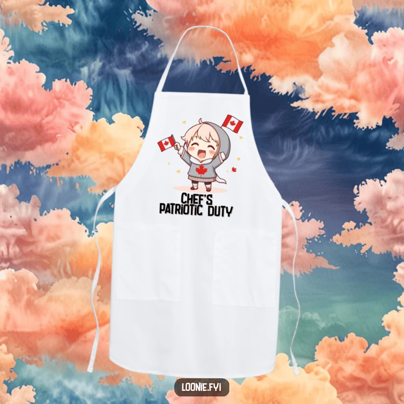 Funny Apron: Excited character proudly holds a Canadian flag and cheers, adding a festive and patriotic touch to kitchen tasks. Excellent funny gift.