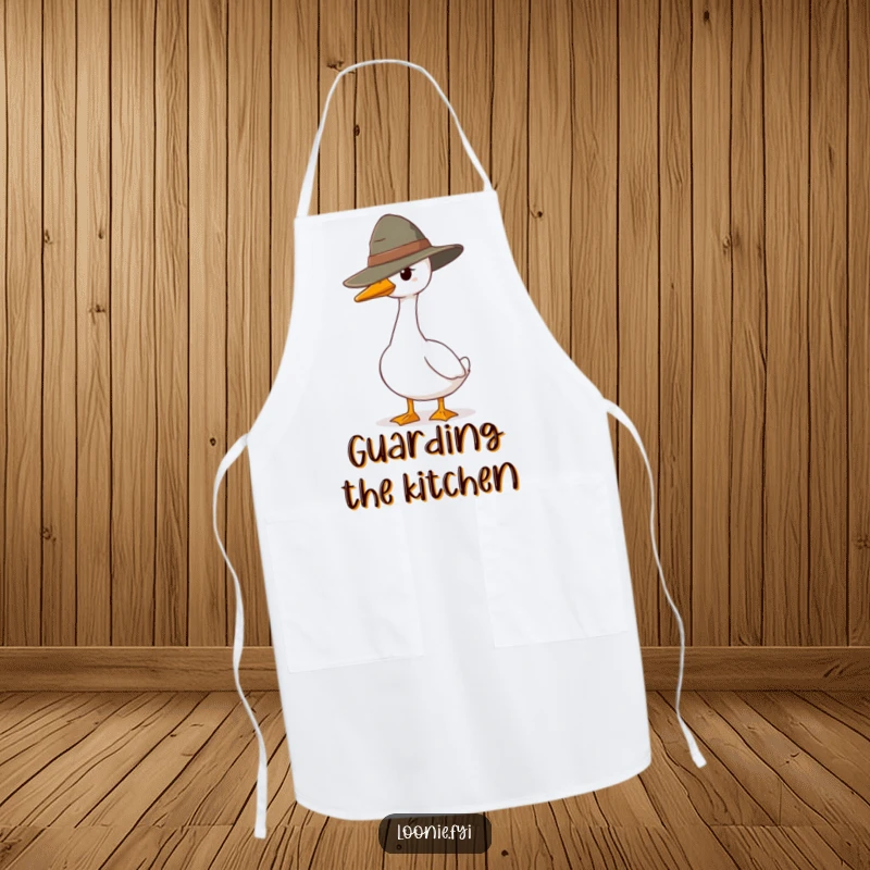Funny apron showing a goose ranger standing guard, ideal for kitchen use, adding humor and a watchful presence with a charming design.