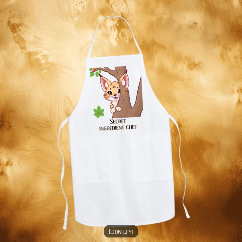 Funny apron depicting a happy lynx with big ears, peeking from behind a tree, adding a humorous and curious touch to kitchen activities.