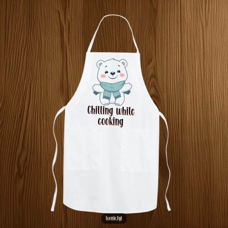 Funny Apron: A grinning polar bear wearing a scarf poses cheerfully, ready to add fun and protection to any kitchen task.