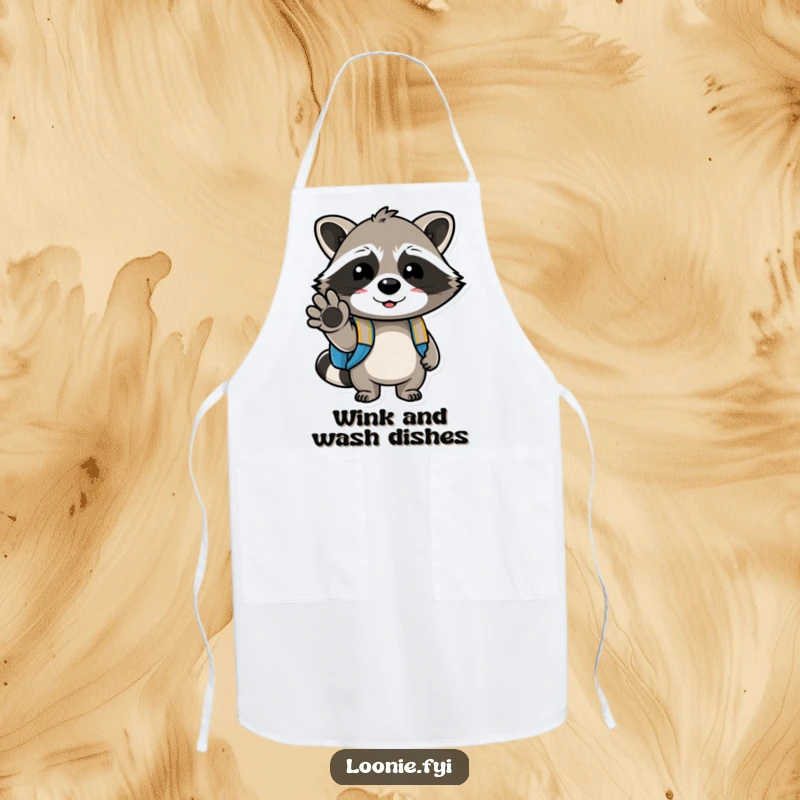 Funny apron featuring a cheerful raccoon with a backpack, winking with its paw, perfect for kitchen tasks with a humorous and playful design.