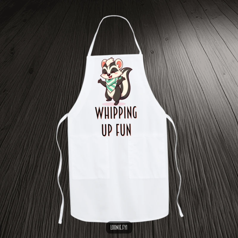 Funny apron depicting a skunk in a bandana doing a happy dance, adding a humorous and energetic touch to cooking.