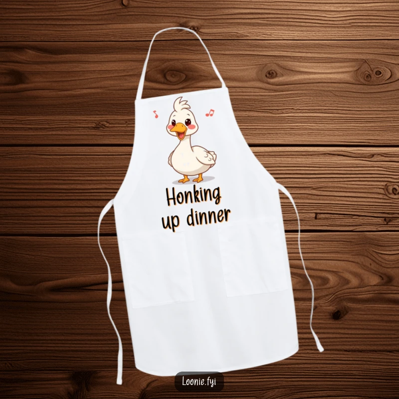 Funny apron depicting a Canadian goose with a funny expression, honking a happy tune, adding cheer to kitchen duties.