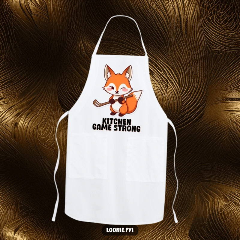 Funny Red Fox Hockey Apron: A kitchen apron with a winking red fox holding a hockey stick, perfect for a funny gift.