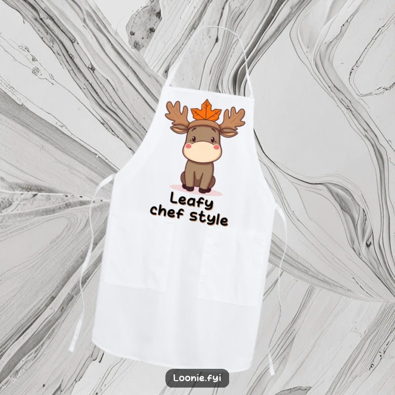 Funny Moose Apron showing a confused moose trying to wear a maple leaf as a hat, designed for kitchen use with humorous flair.