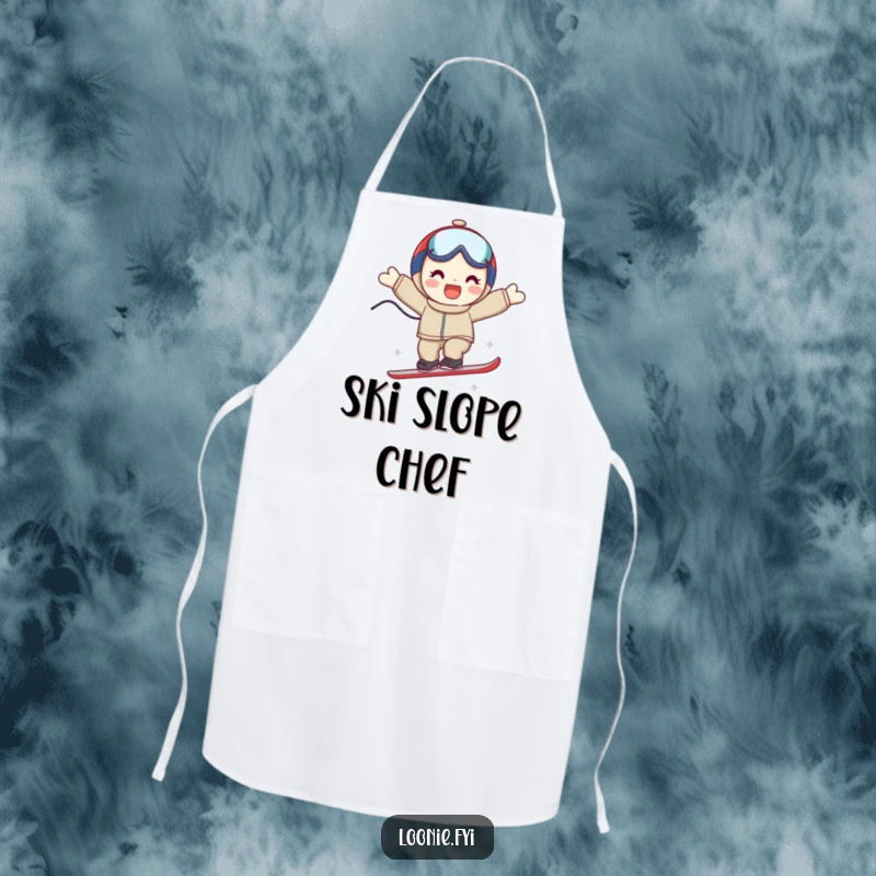 Funny kitchen apron with a smiling character in a triumphant ski jump pose, perfect for adding flair to cooking.