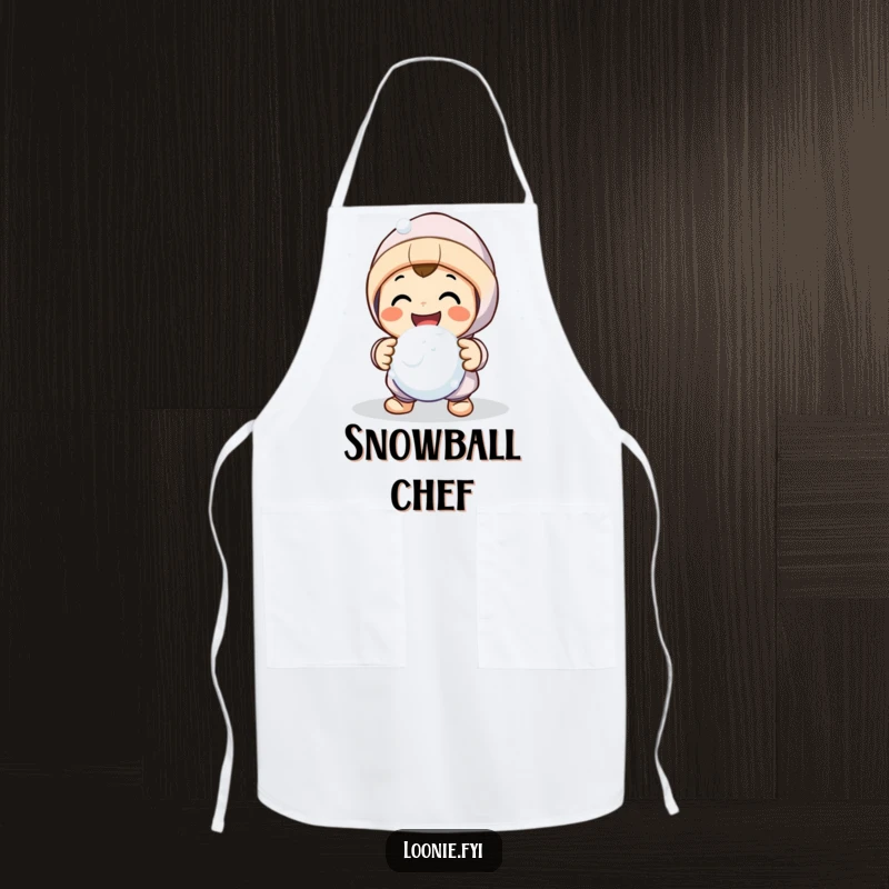 Funny kitchen apron featuring a smiling character in a friendly snowball fight pose, perfect for adding humor to cooking.