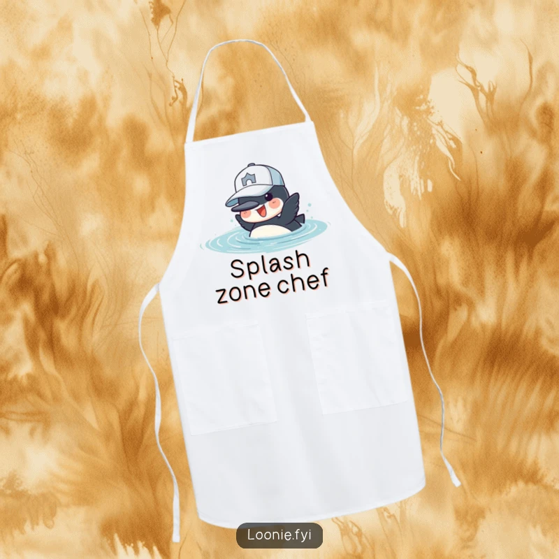 Funny Apron: A cheerful loon wearing a baseball cap is diving into water, ready for kitchen fun.