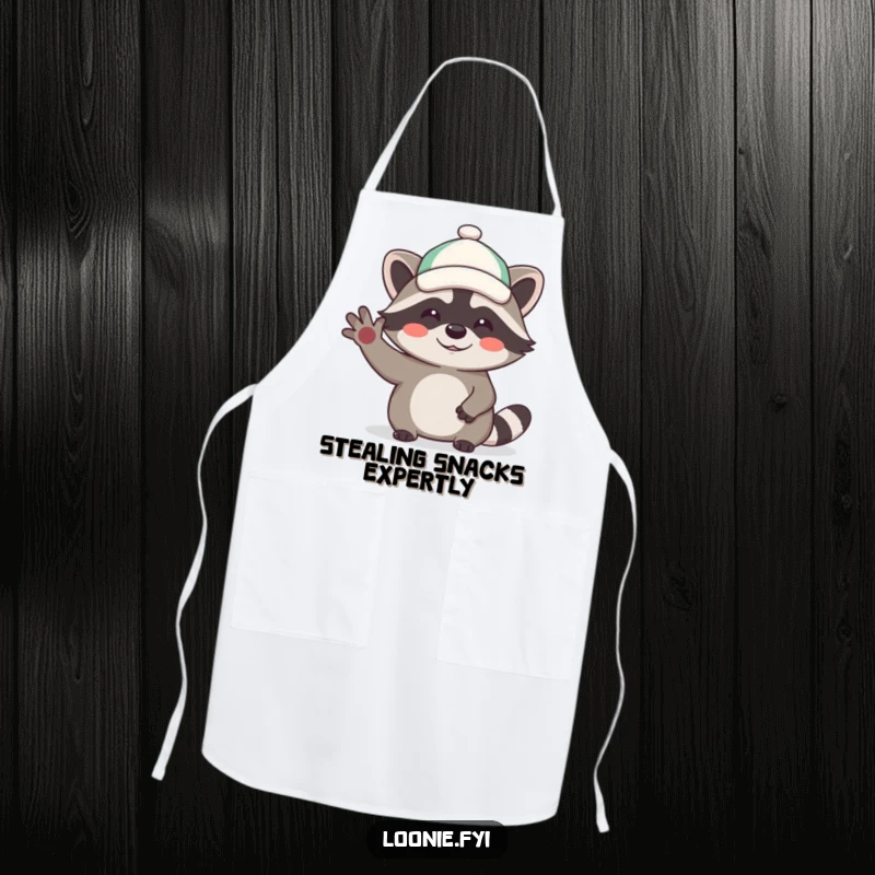 Funny apron illustrating a giggling raccoon wearing a hat and waving hello, adding a humorous touch to kitchen activities.