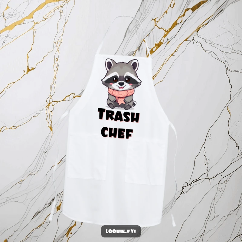 Funny Raccoon Apron: A grinning raccoon wearing a chef hat and a scarf, ready to cook up a storm with humorous flair.