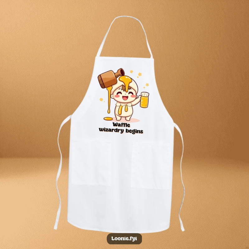 Funny apron with a cheerful character pouring maple syrup; perfect for kitchen fun and gifts.
