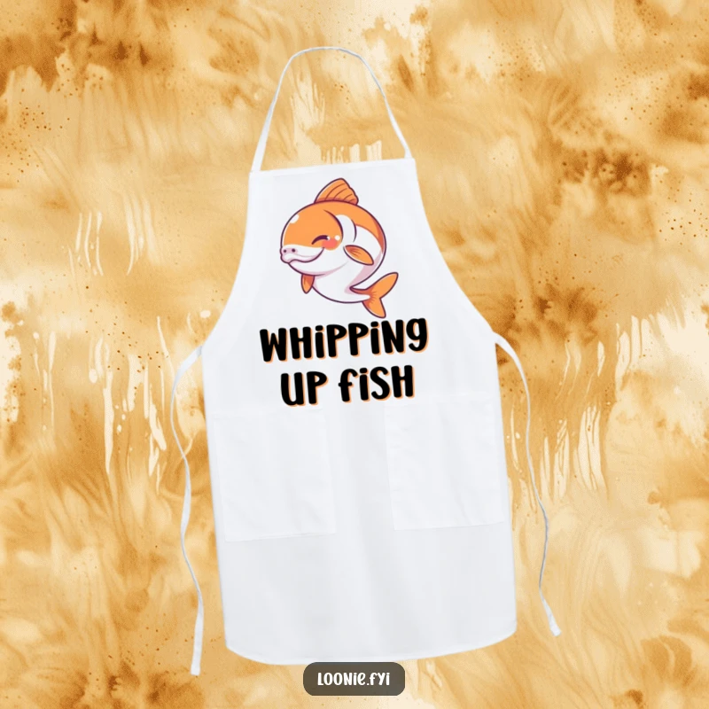 Funny apron depicting a determined, happy salmon leaping, designed for kitchen fun among fishing enthusiasts.