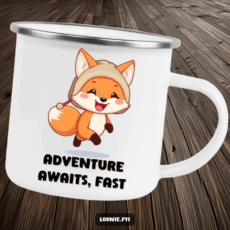 Funny happy fox wearing a trapper hat running, perfect for a durable camping mug for outdoor enthusiasts.