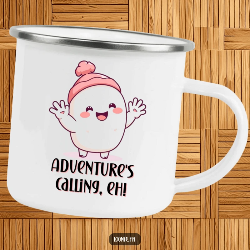 Funny camping mug featuring a happy toque character giving a warm, cheerful wave during outdoor adventures.