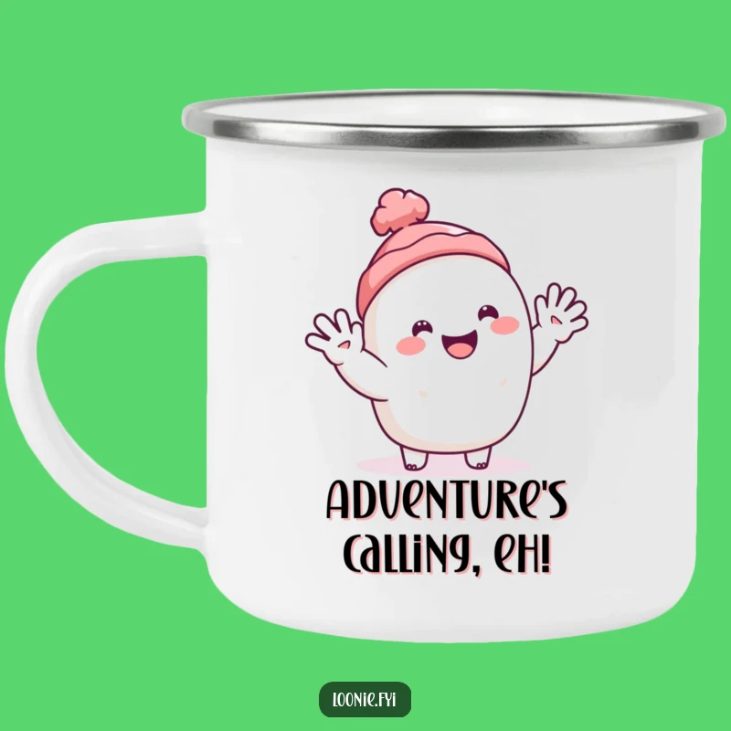 Funny Toque Camping Mug: Happy Character's Cheerful Wave Campfire
