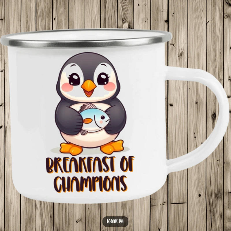 Funny Puffin Camping Mug: A cheerful puffin holding a fish, ready for campfire brews, bringing seaside joy to outdoor trips.
