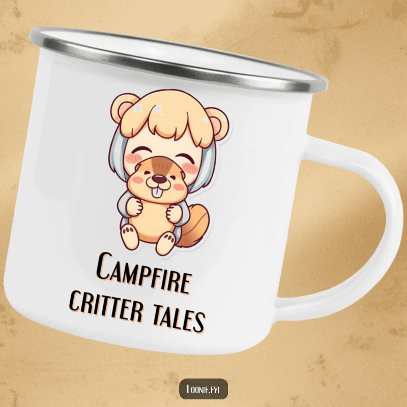 Funny camping mug showing a delighted character holding a beaver puppet with fond amusement, perfect for outdoors.