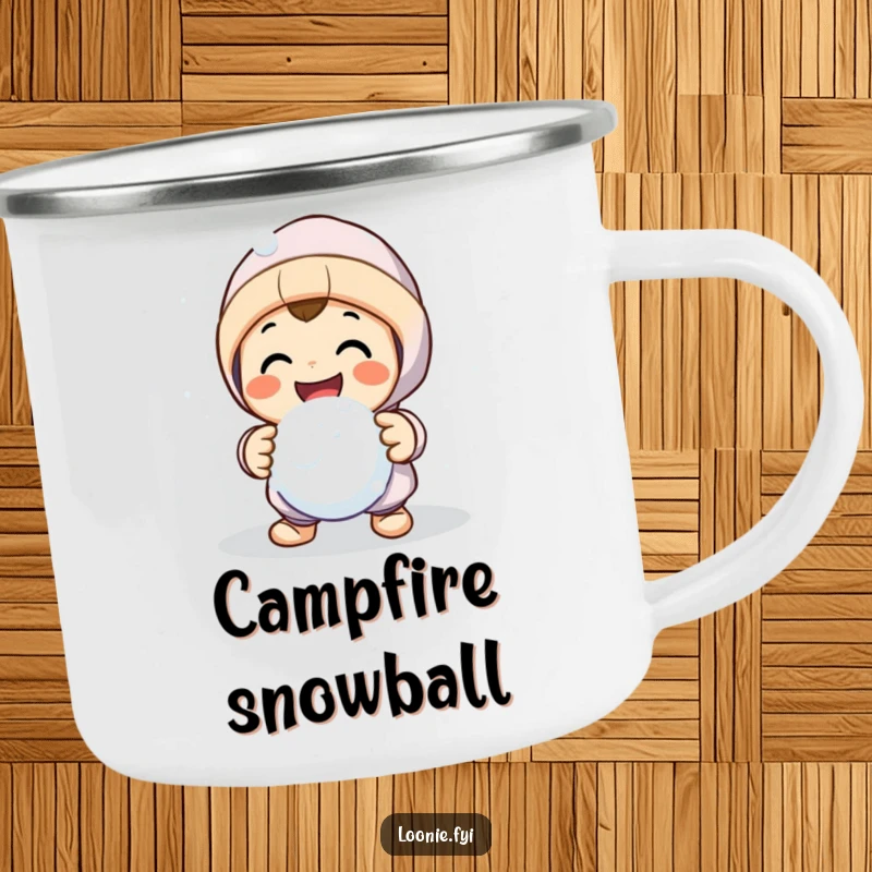 Funny enamel camping mug with a smiling character in a friendly snowball fight pose, designed for outdoor use.