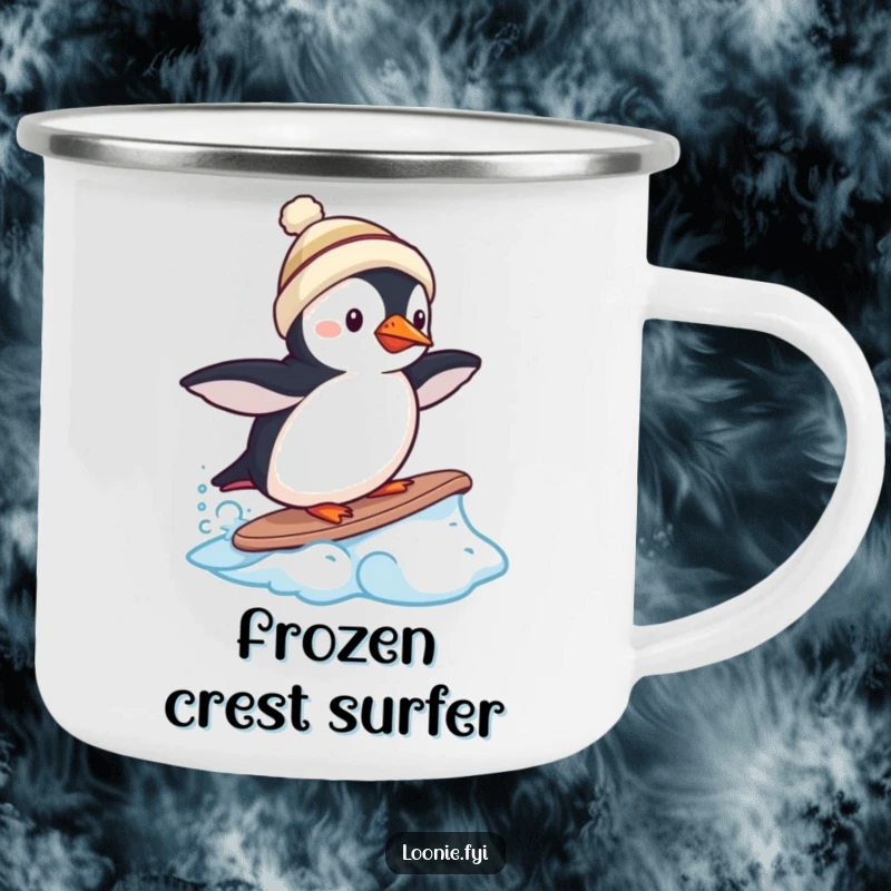 Funny camping mug with a puffin in a toque attempting to surf a frozen wave, for outdoor lovers.