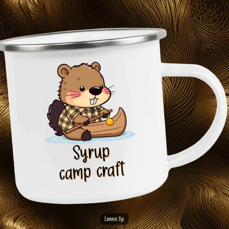 Funny camping mug with a beaver in a plaid shirt building a canoe from maple syrup, ready for outdoor refreshment.