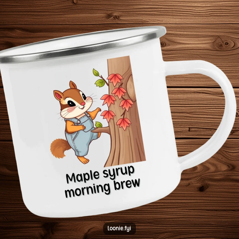 Funny camping mug featuring a curious chipmunk in overalls, climbing a tiny maple tree, perfect for outdoor adventures with a humorous touch.