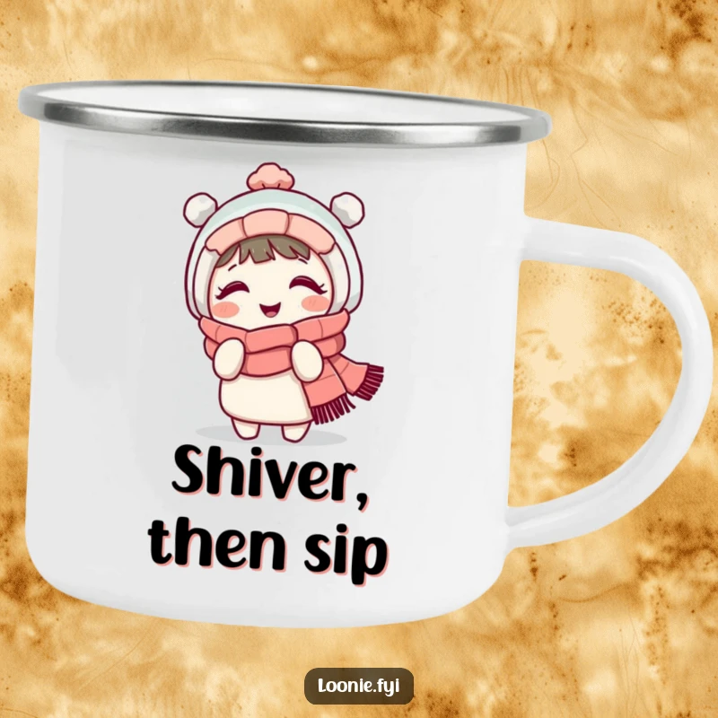 Funny enamel camping mug with a giggling character in a winter scarf, playfully shivering, designed for outdoor enthusiasts.