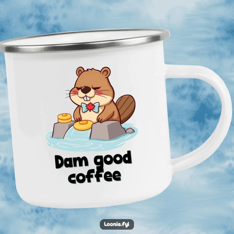 Funny grumpy beaver wearing a maple leaf bow tie, building a dam with pancakes, on a durable camping mug.