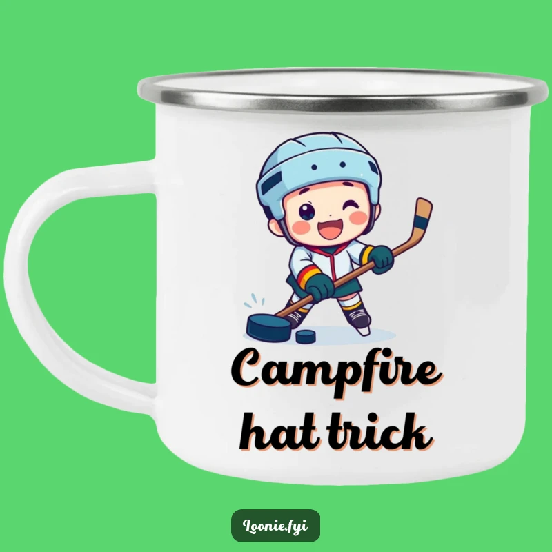 Funny Hockey Camping Mug: Jubilant Character's Puck Action Outdoors