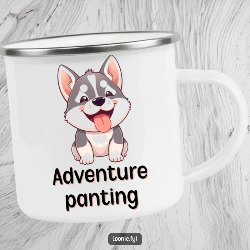 Funny camping mug with a small husky dog eagerly panting with a big happy grin, perfect for humorous outdoor enjoyment.