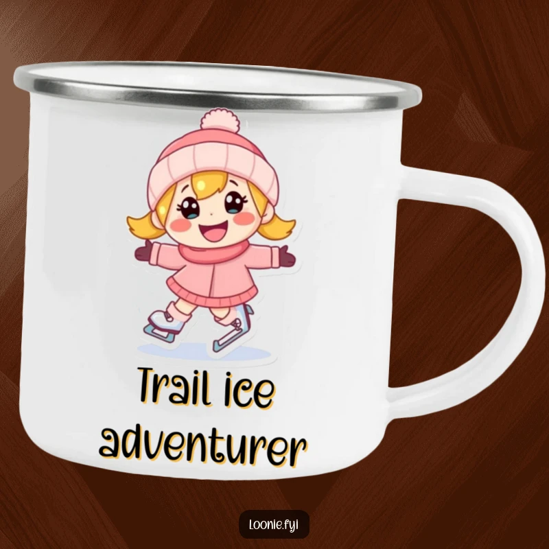Funny camping mug showing a happy character ice skating with a determined grin, perfect for outdoor enthusiasts.