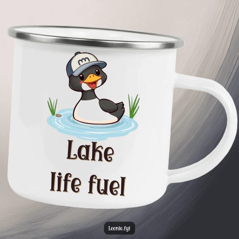 Funny camping mug featuring a playful loon wearing a baseball cap, diving into a small lake, perfect for outdoor humor and beverages.