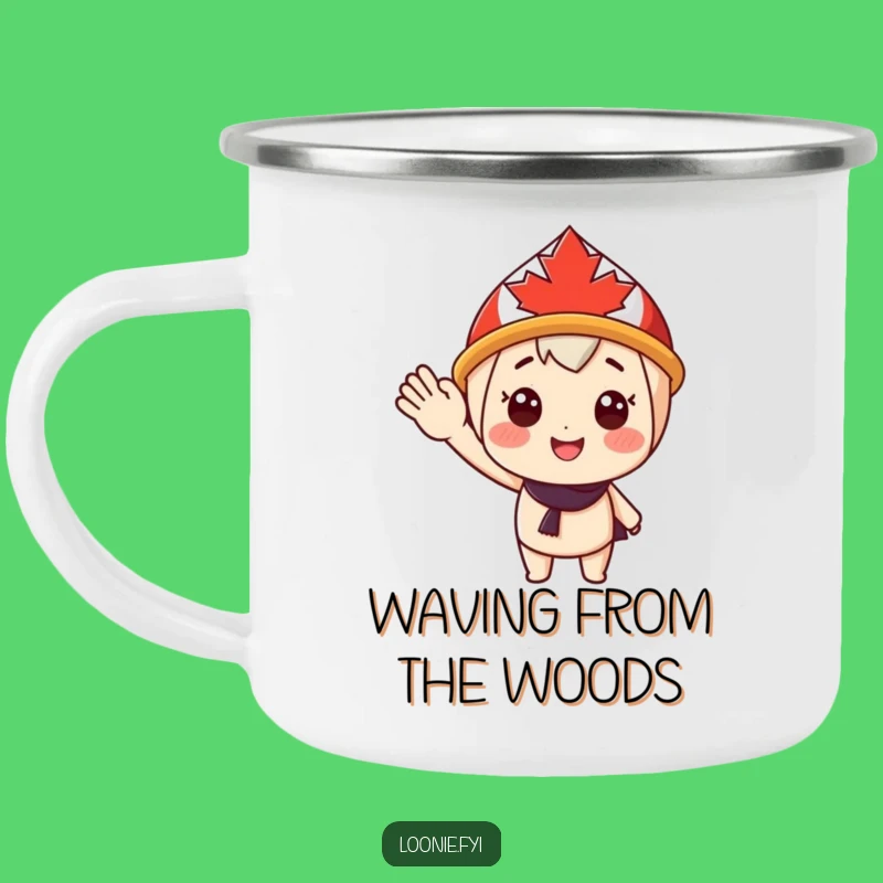 Funny Maple Leaf Wave Camping Mug: Cheerful Canadian Character's Outdoor Greeting