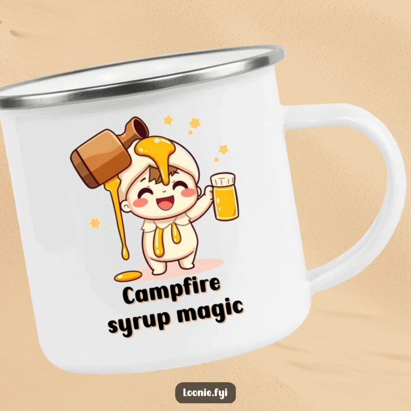 Funny camping mug showing a cheerful character pouring maple syrup; perfect for outdoor breakfast enjoyment.