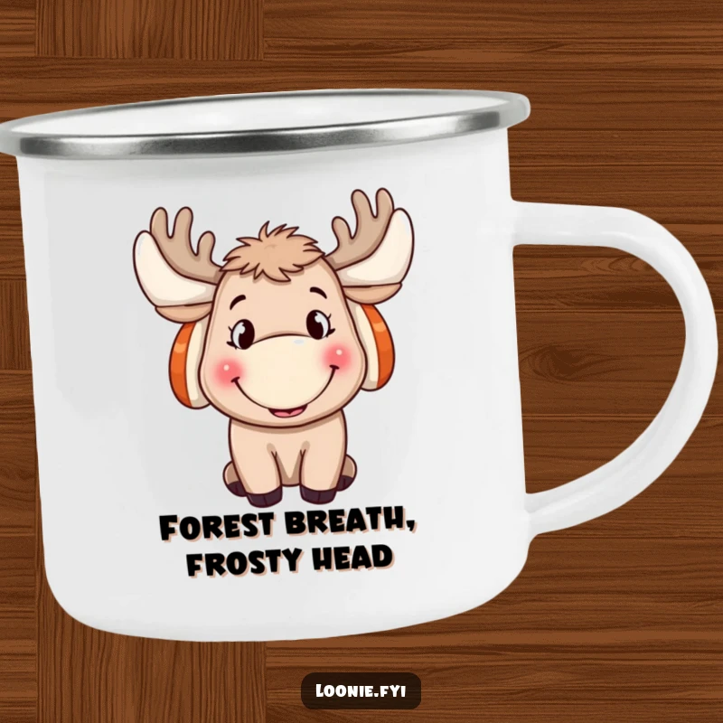 Funny Moose Camping Mug: A durable mug with a grinning moose in ear muffs, ready for outdoor adventures as a funny gift.