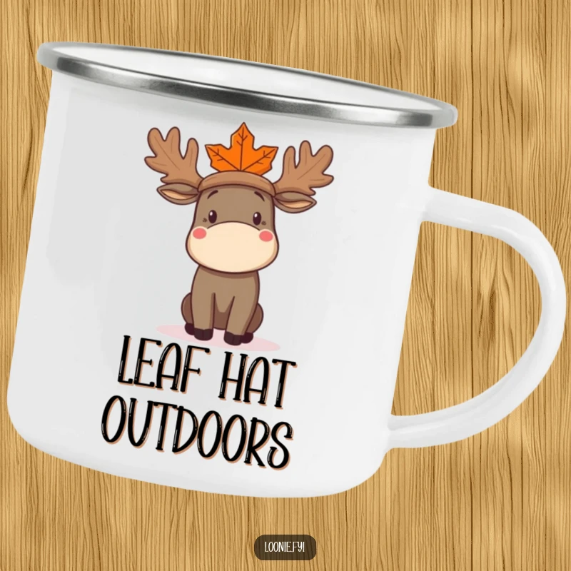 Funny Moose Camping Mug with a confused moose wearing a maple leaf hat, designed for durability and outdoor enjoyment.