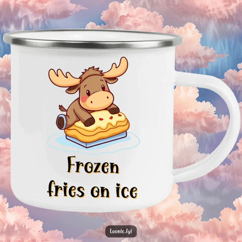 Funny Moose Camping Mug: A moose hilariously attempts ice skating on a frozen poutine, perfect for outdoor humor.