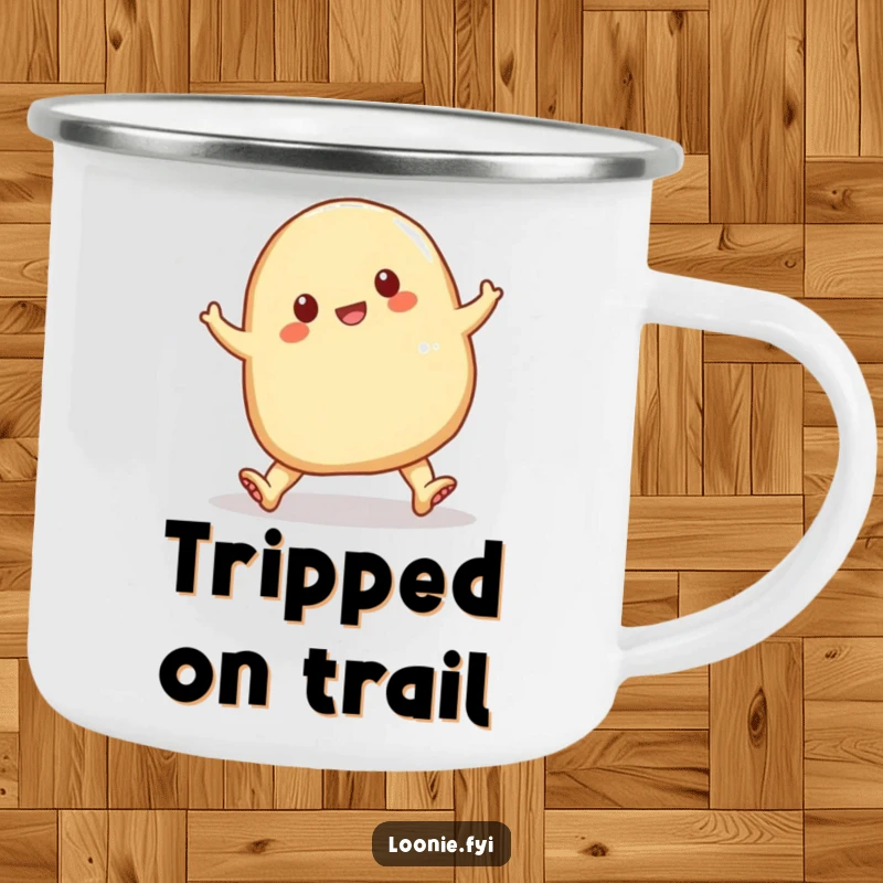 Funny perogy tripping over its doughy feet, a durable camping mug with a hilarious cartoon food design.