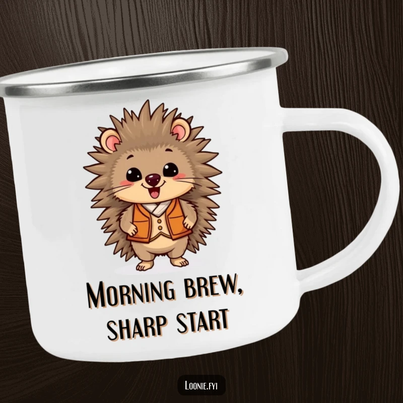 Funny camping mug featuring a delighted porcupine in a vest, standing proudly, perfect for enjoying drinks outdoors with a humorous touch.