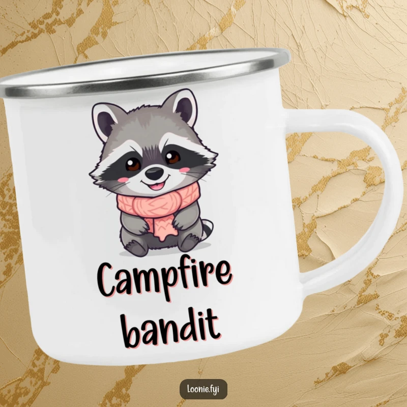 Funny Raccoon Camping Mug: A grinning raccoon with a scarf, ready for campfire stories, bringing humor to outdoor excursions.