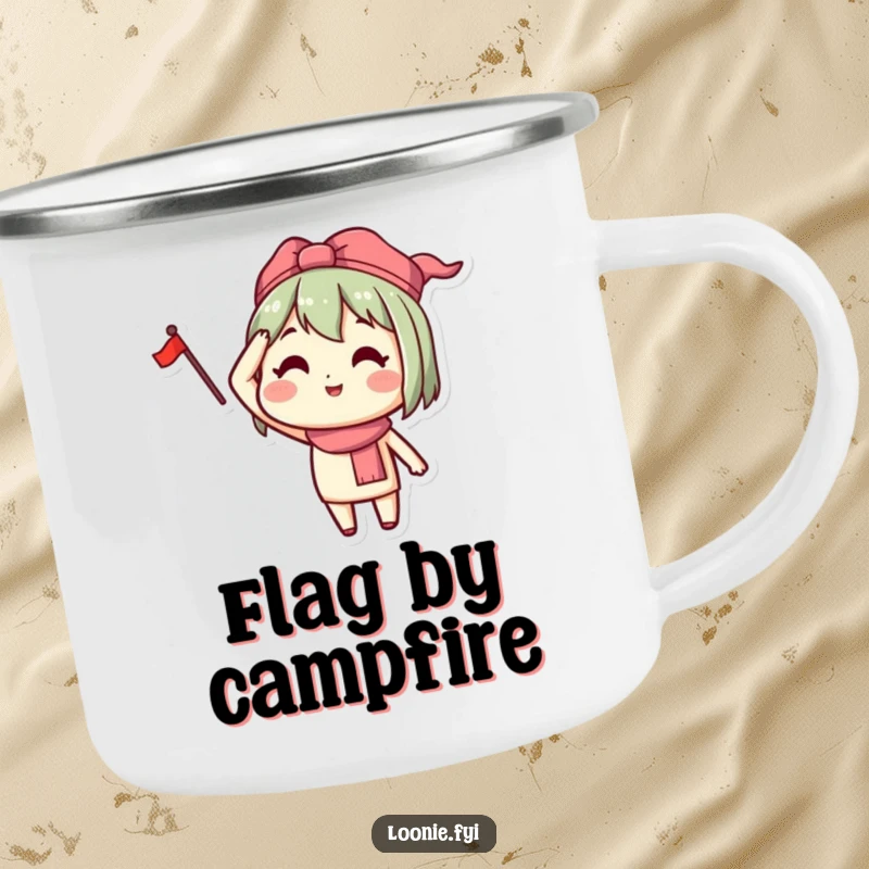 Funny enamel camping mug with a happy character saluting with a small flag, designed for patriotic outdoor use.