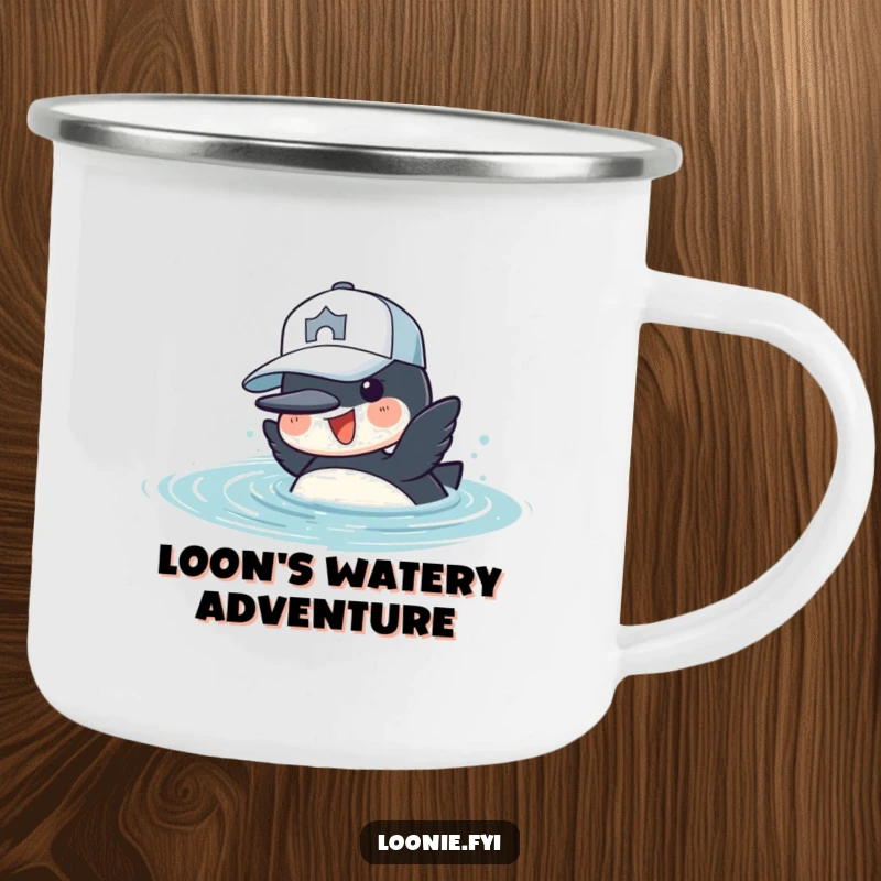 Funny Camping Mug: A cheerful loon wearing a baseball cap dives into water, perfect for outdoor adventures.