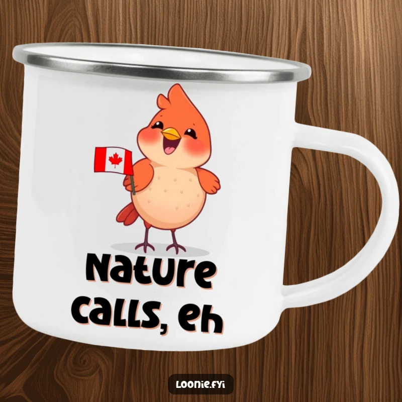 Funny Cardinal Camping Mug: Delighted cardinal wearing a tiny Canadian flag, chirping happily, for outdoor use.