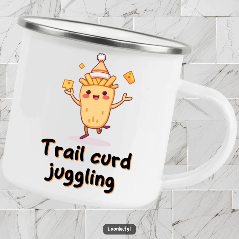 Funny Poutine Camping Mug with a dancing poutine creature juggling cheese curds, designed for durability and outdoor enjoyment.
