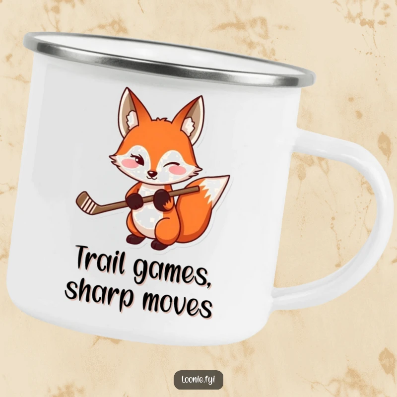 Funny Red Fox Camping Mug: A durable mug with a winking red fox holding a hockey stick, perfect for a funny gift.