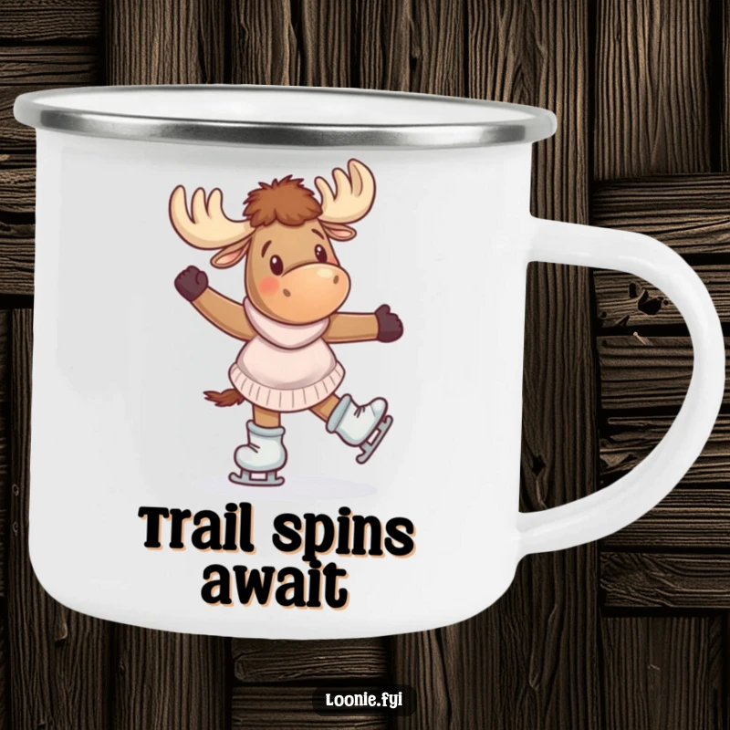 Funny Camping Mug: A giddy moose wearing skates twirls joyfully, designed for outdoor enjoyment and a dose of winter fun.