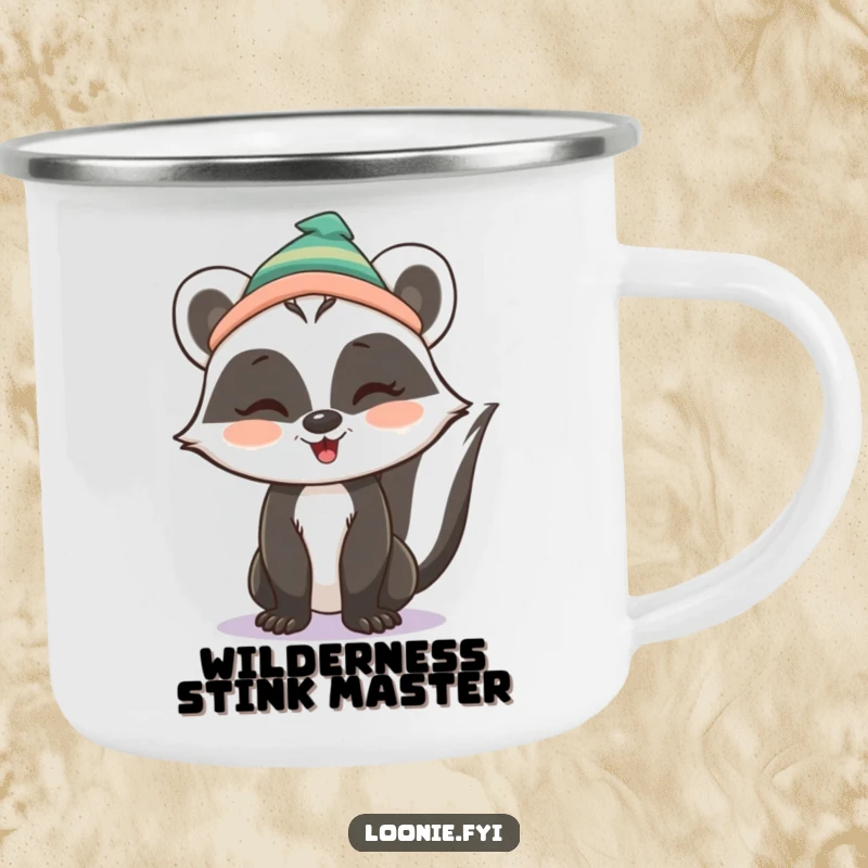Funny Camping Mug: A skunk in a toque gives a charming wink, designed for outdoor enjoyment and a dose of playful humor.